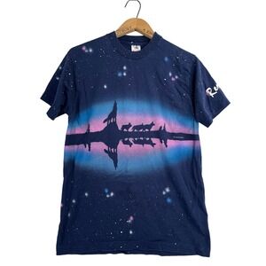 Vintage Wolf Night Sky Galaxy T-Shirt Reno Sleeve Single Stitch Navy M AOP